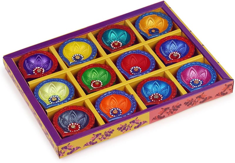TrendBell Handmade Terracotta Set of 12 Clay Diya for Diwali/Navratri Decorations Oil Lamp Tea Light Holder Indian Festival Diyas for Pooja & Diwali Decorations | TRBD12M-015 (Multicolor) - Image 5